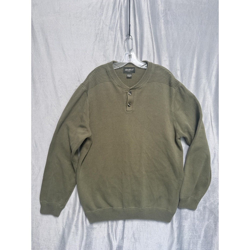 Eddie Bauer Sweater Mens XL Olive Green Henley Knit Pullover Ribbed Shoulders
